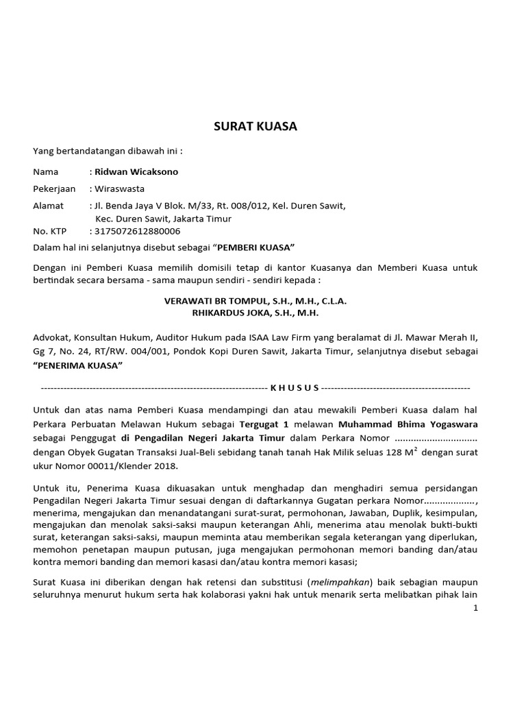 Surat Kuasa Perkara Hukum Ridwan | PDF