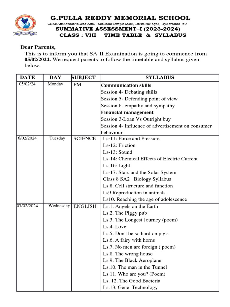 Class 8 Time table & syllabus S.A.2 (1) PDF Linguistics