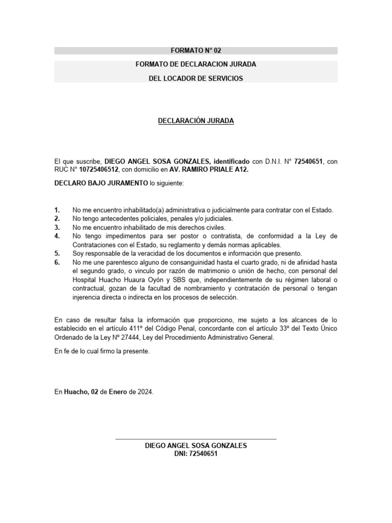 Declaración Jurada del Locador de Servicios | PDF