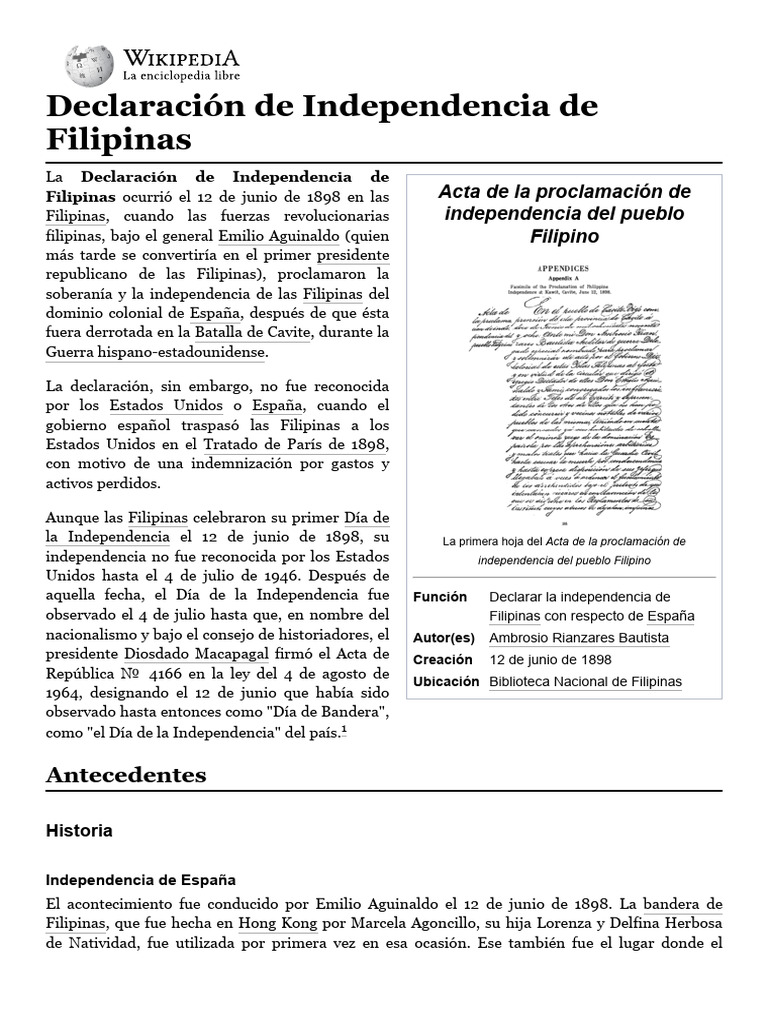 Declaración de Independencia de Filipinas PDF Filipinas Independencia