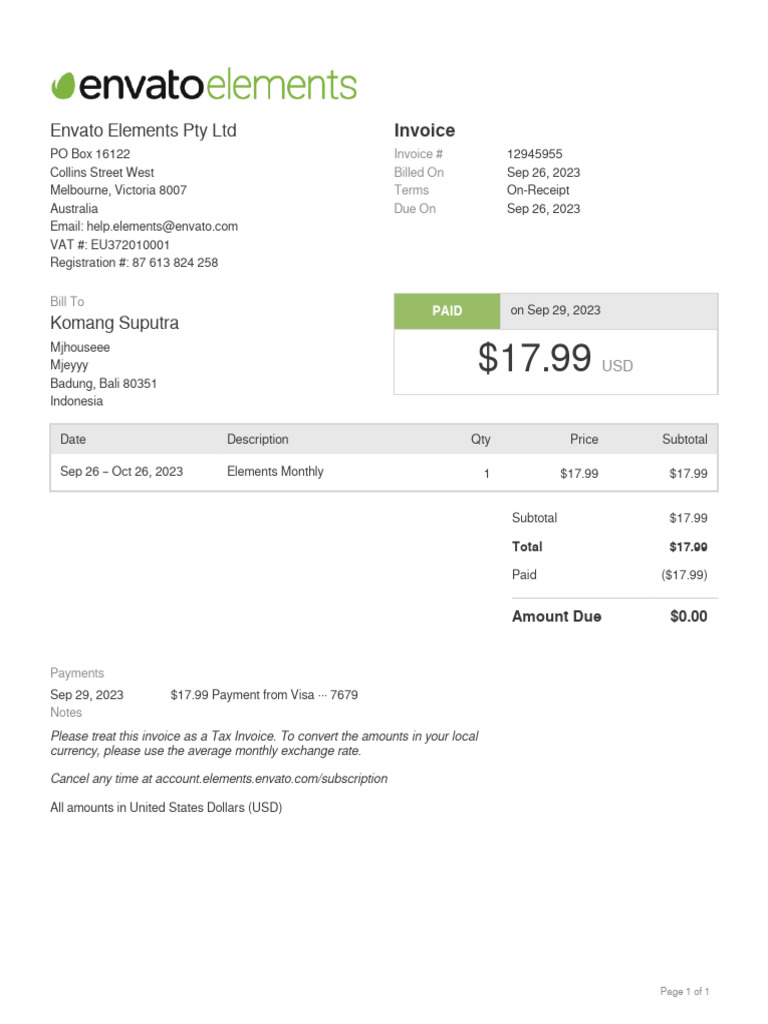 Envato Elements Invoice Details | PDF