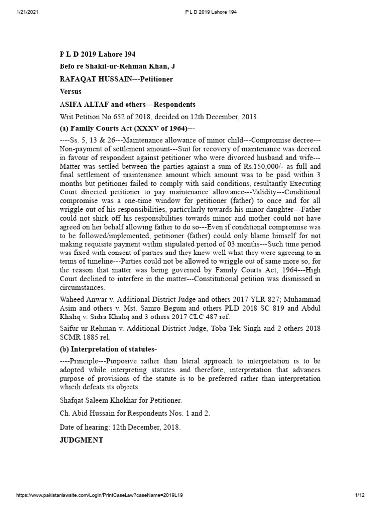 Lahore High Court Ruling on Child Maintenance Dispute | PDF | Judgment ...