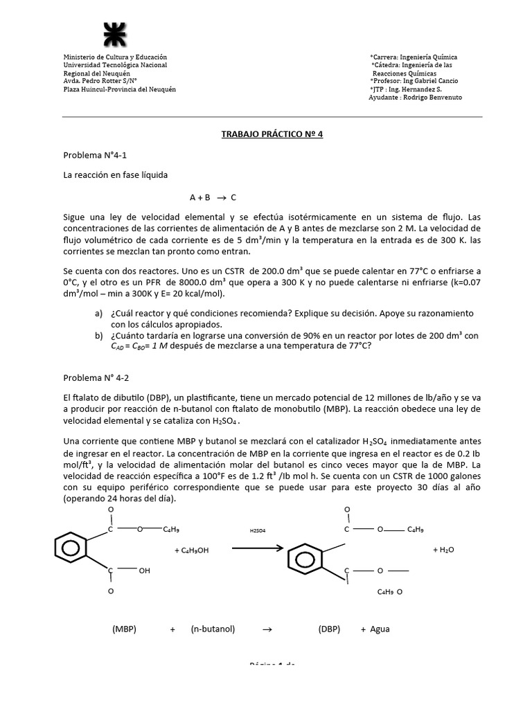 Trabajo Practico Diseo Reactores Isotermicos | PDF | Reactor Quimico ...