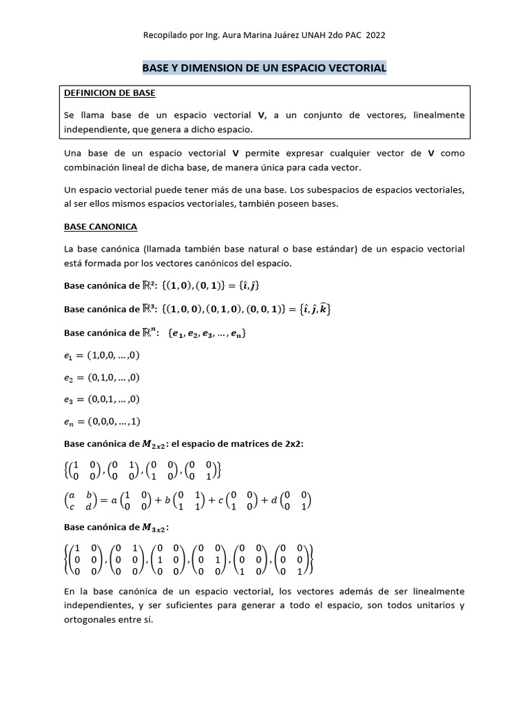 6-Base y Dimension de Un Espacio Vectorial | PDF | Base (álgebra lineal ...