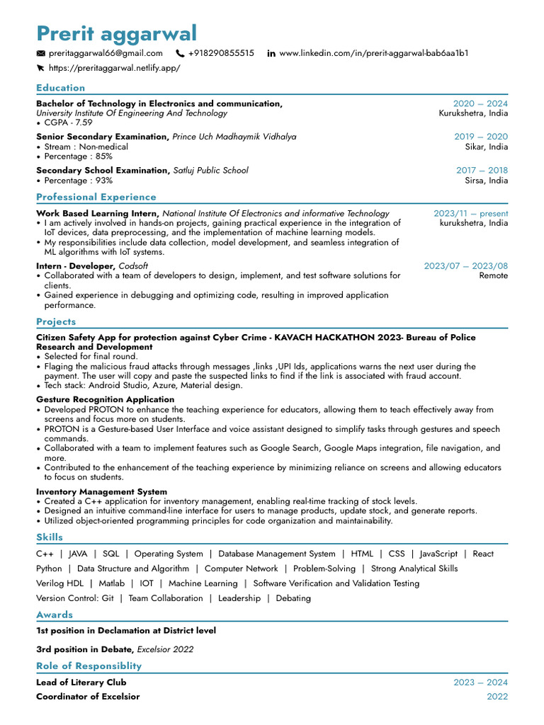 Prerit Agarwal: Tech Skills & Projects | PDF | Internet Of Things ...