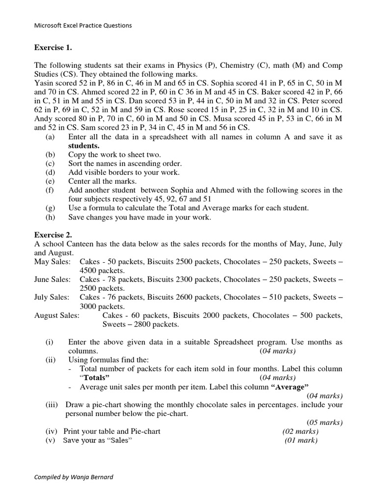 Excel Practice Questions and Exercises | PDF | Spreadsheet | Worksheet
