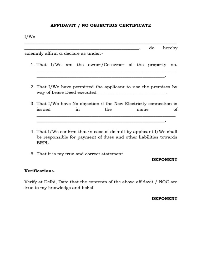 BSES No Objection Certificate Template | PDF