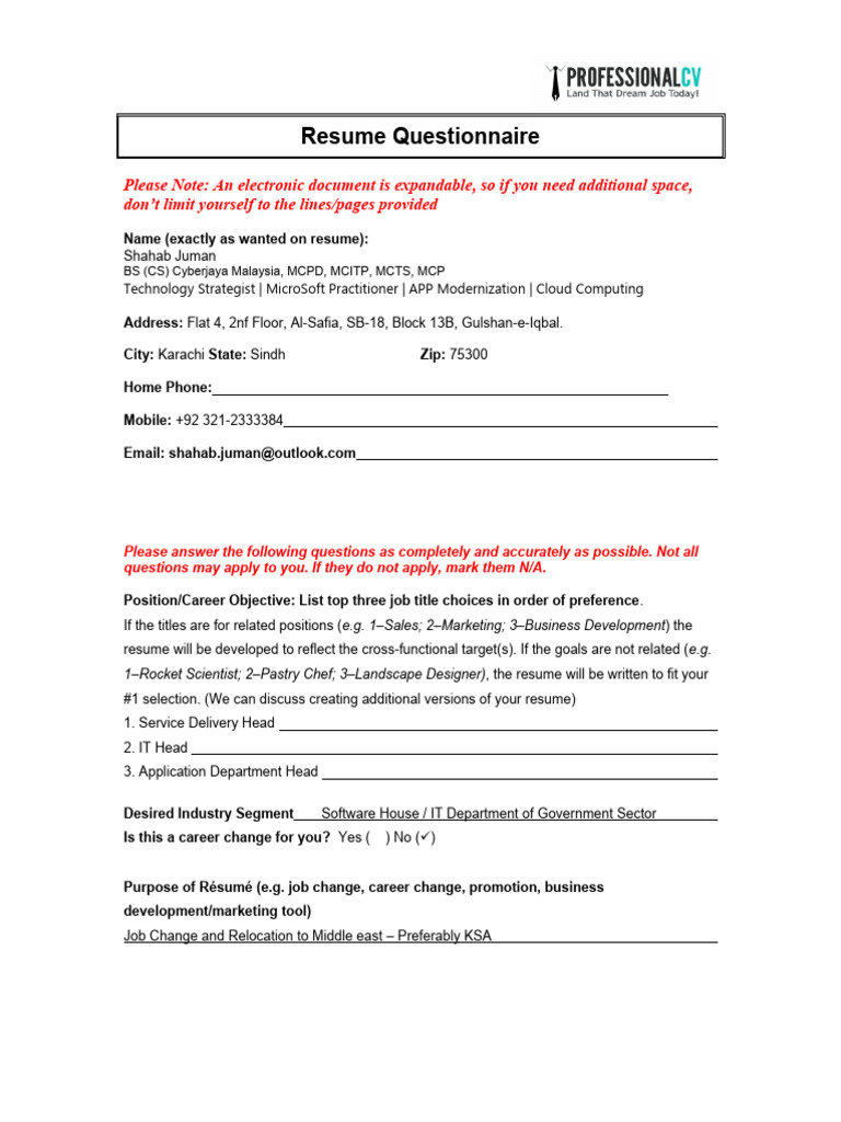 Questionnaire ProfessionalCV - 1