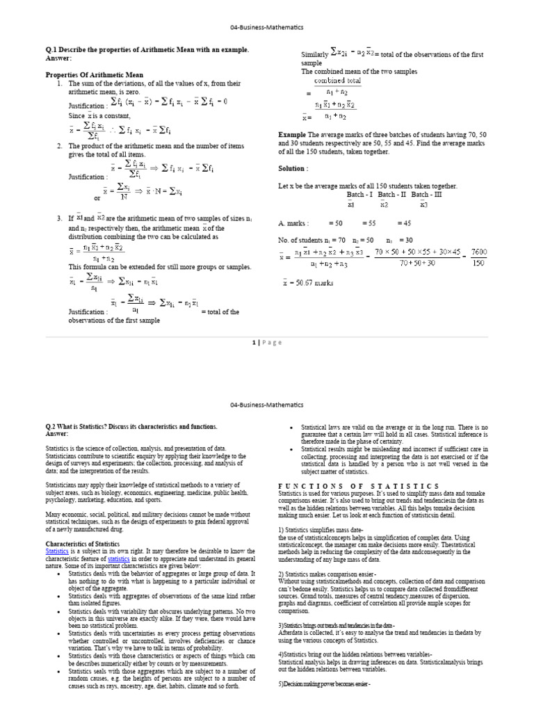 Properties of Arithmetic Mean & Statistics | PDF | Statistics | Mean