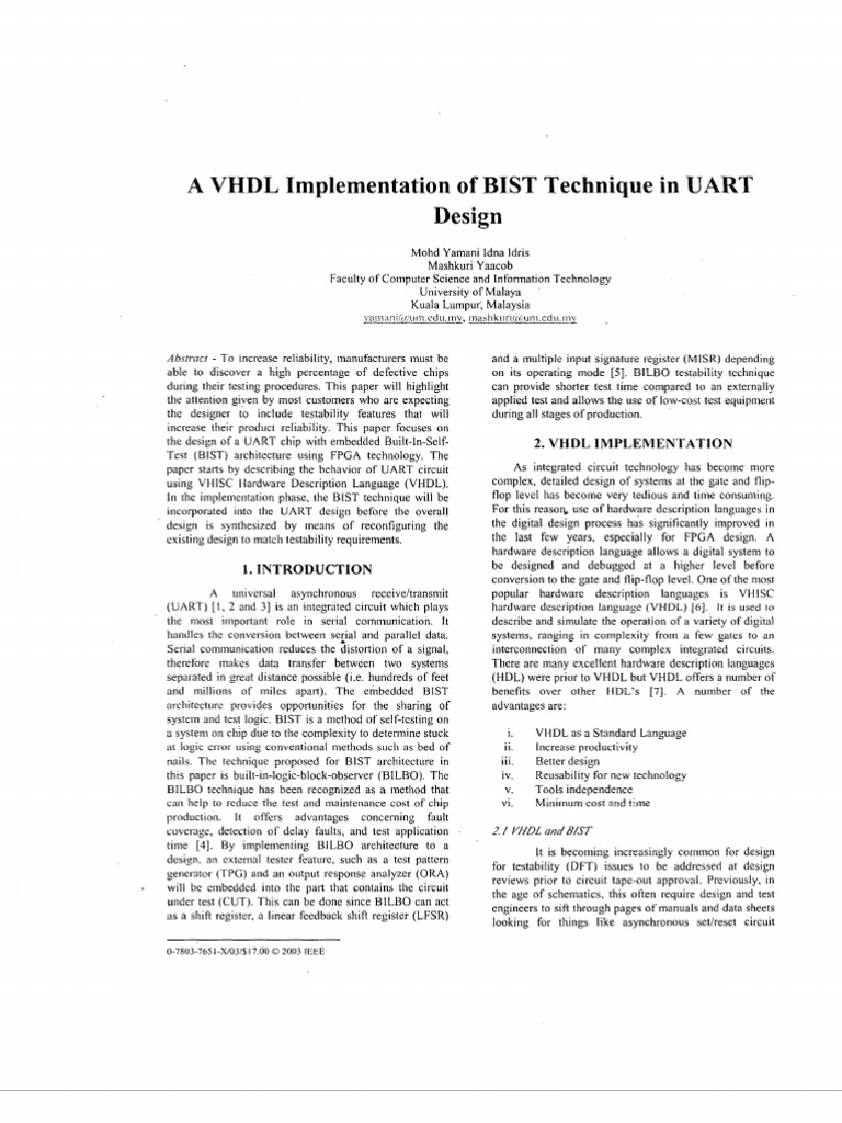 VHDL Implementation of BIST Technique in UART Design | PDF | Hardware ...
