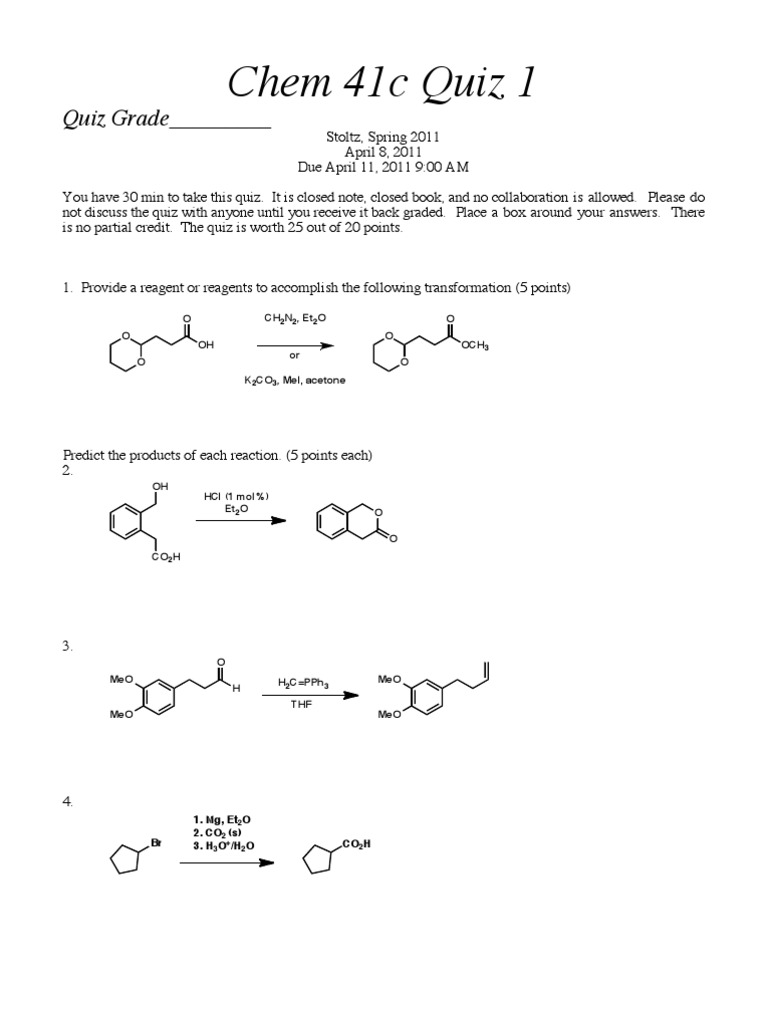 Chem 41c Spring 2011 Quiz 1 & 3 | PDF