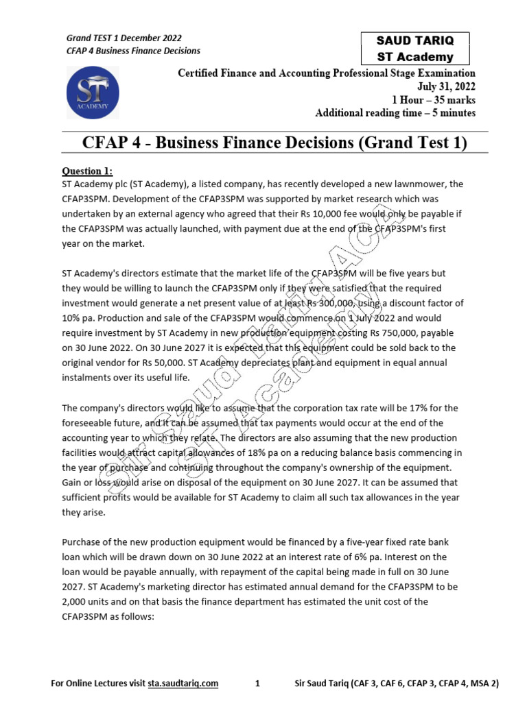 BFD Grand Test 1 With Solution by Sir Saud Tariq ST Academy | PDF ...