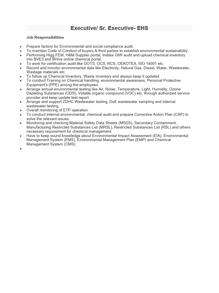 Executive-Sr. Executive - EHS | PDF