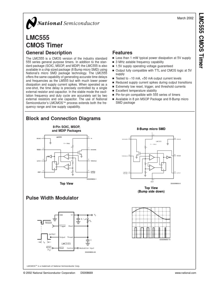 LMC555 CMOS Timer: General Description Features | PDF | Electronic ...