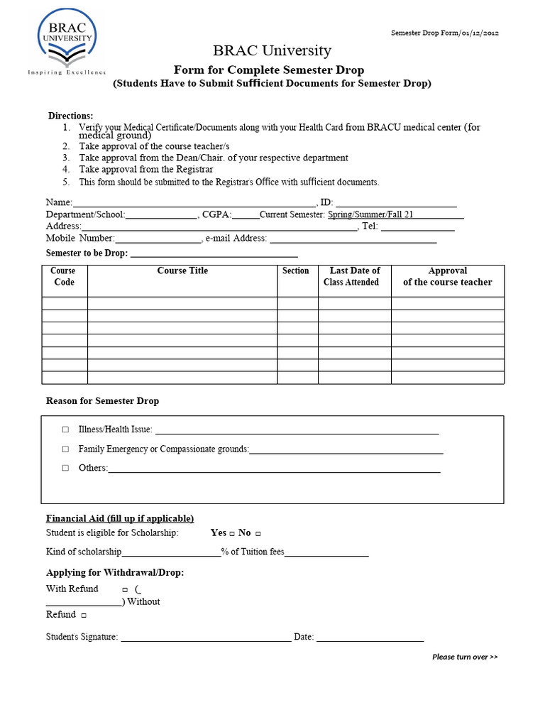 Semester drop form bracu word download free pdf health care