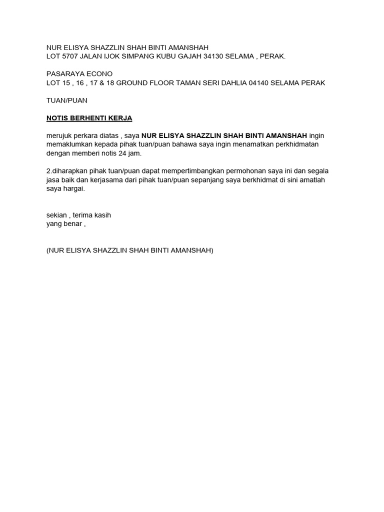 Notis Berhenti Kerja Pdf