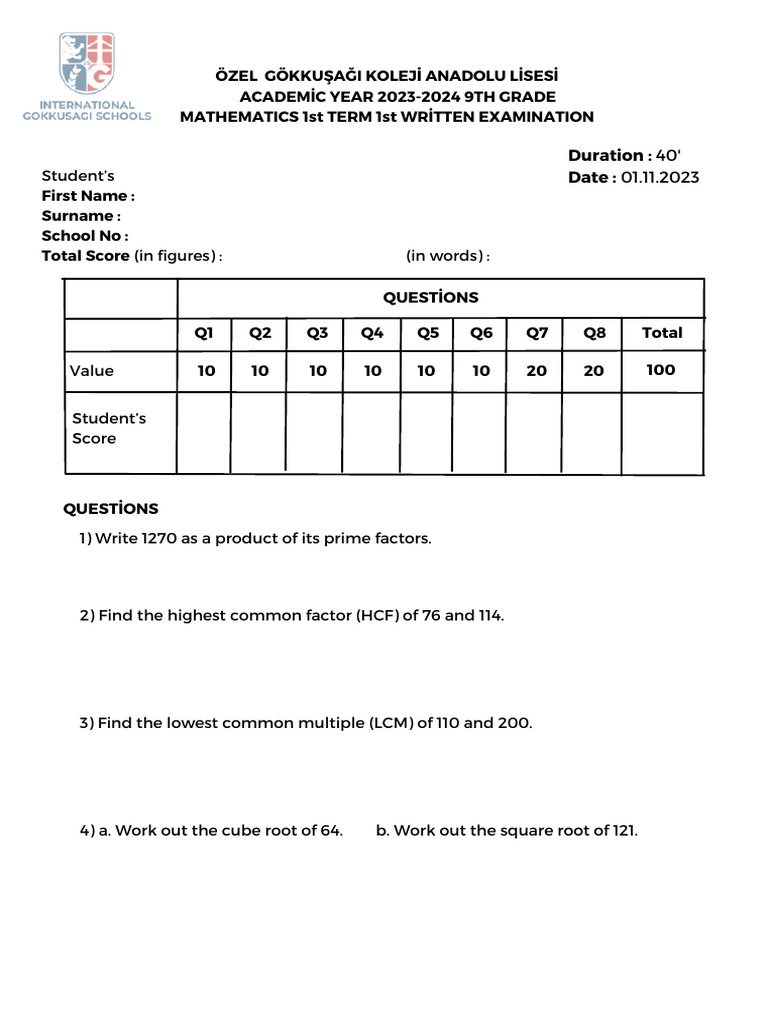 Grade 9 Maths Term 1 Exam Paper | PDF
