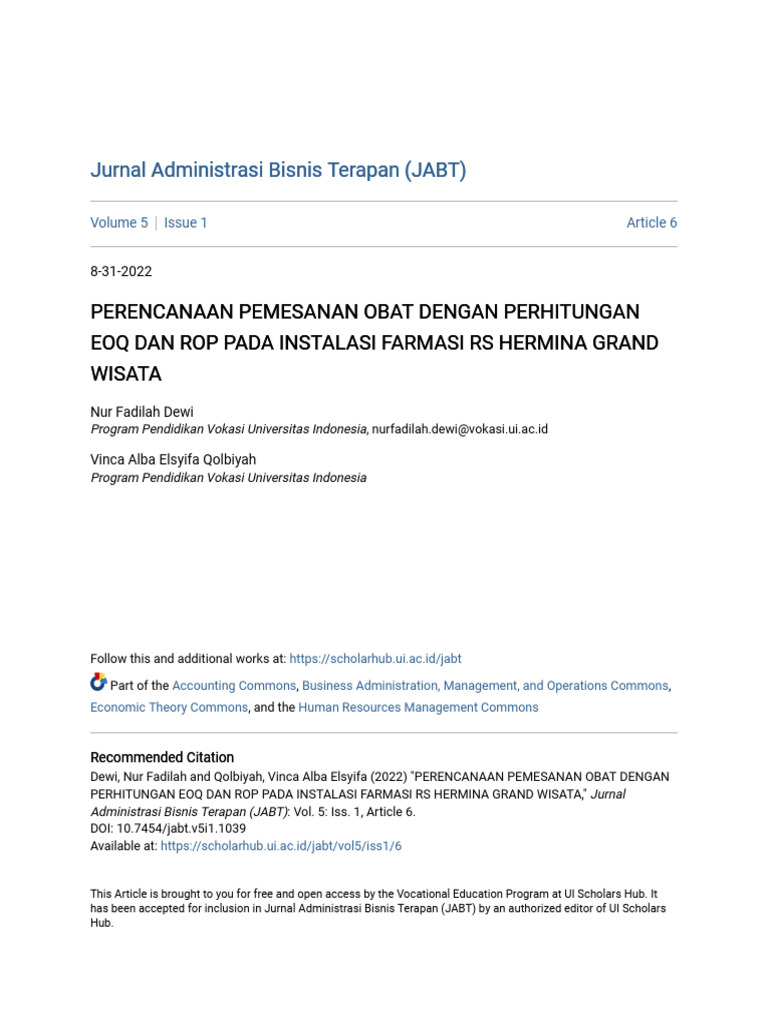 PERENCANAAN PEMESANAN OBAT DENGAN PERHITUNGAN EOQ DAN ROP PADA IN | PDF