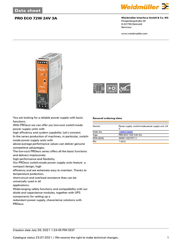 Data Sheet: Pro Eco 72W 24V 3A | PDF | Alternating Current | Power Supply