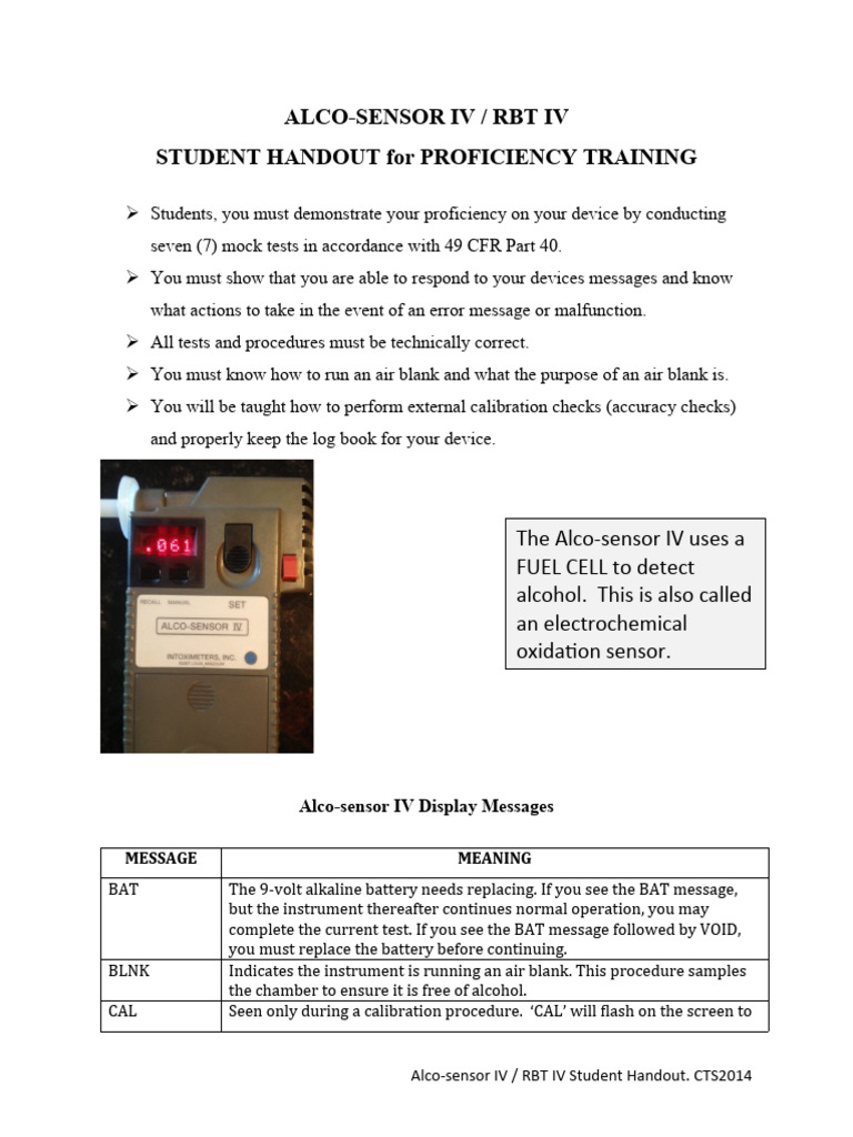 Alco-Sensor IV RBT IV Training Guide | PDF | Calibration | Electrical ...