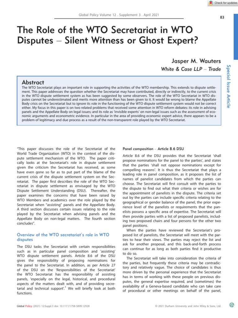 Global Policy - 2021 - Wauters - The Role of The WTO Secretariat in WTO ...
