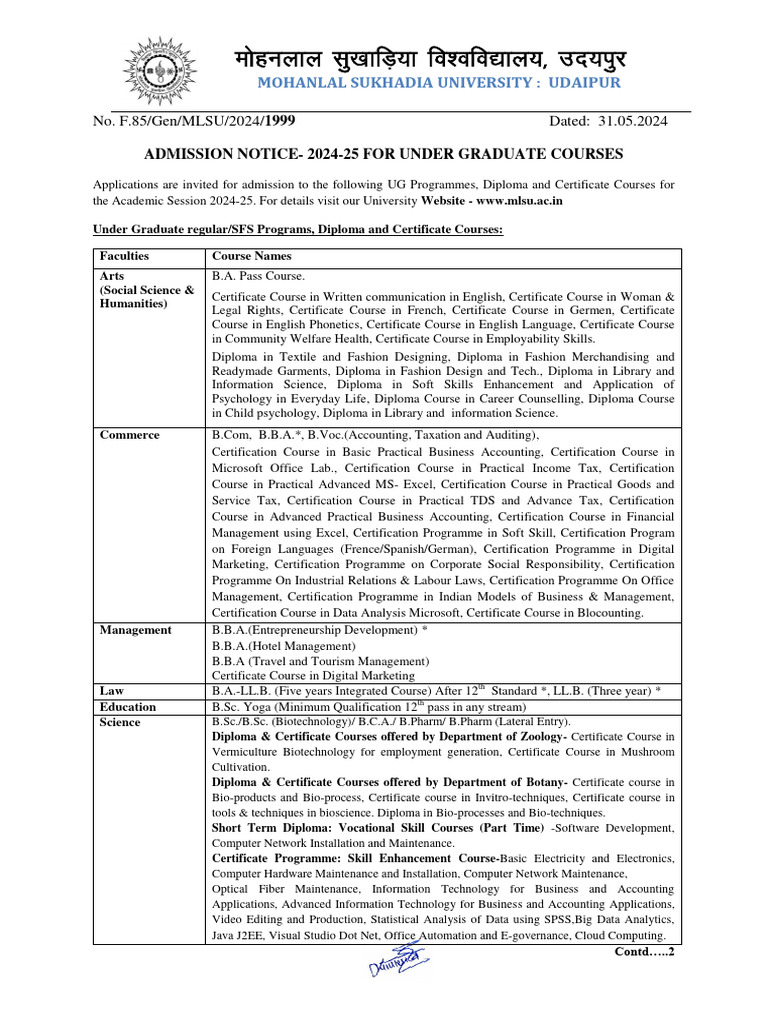 MLSU UG Admission Notice 2024-25 | PDF | University And College Admission