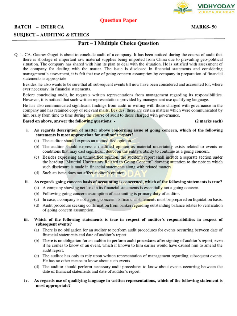 Inter CA Auditing & Ethics Question Paper | PDF | Going Concern ...