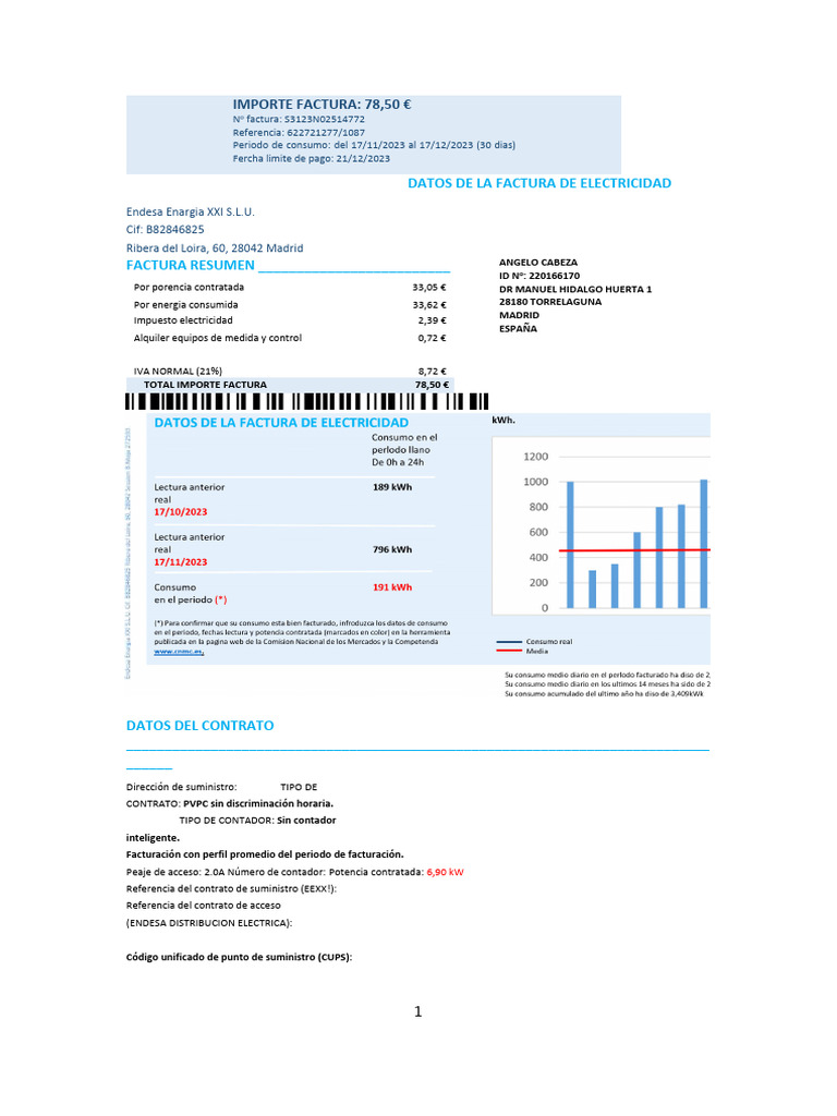 Factura de Electricidad Endesa: 78,50 € | PDF | Electricidad ...