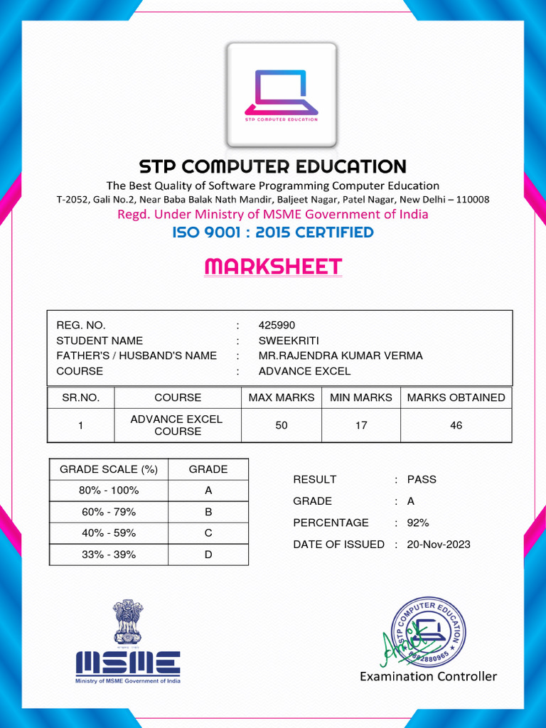 Advance Excel Marksheet | PDF