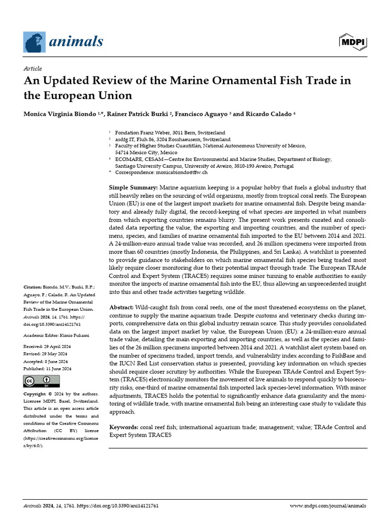 An Updated Review of The Marine Ornamental Fish Trade in The European ...