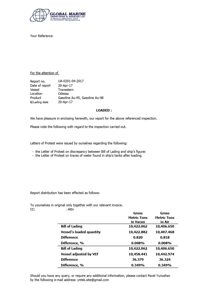 Wilhelmshaven Gasoline Inspection Report | PDF | Barrel (Unit)