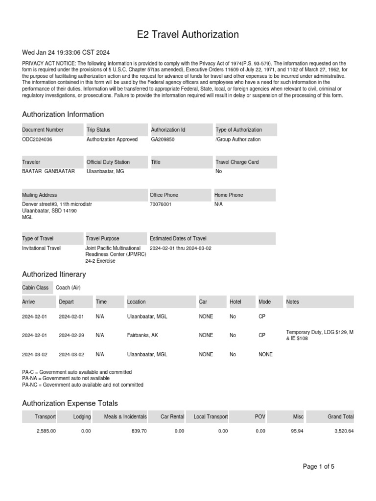 E2 Travel Authorization for JPMRC 24-2 | PDF | Fee