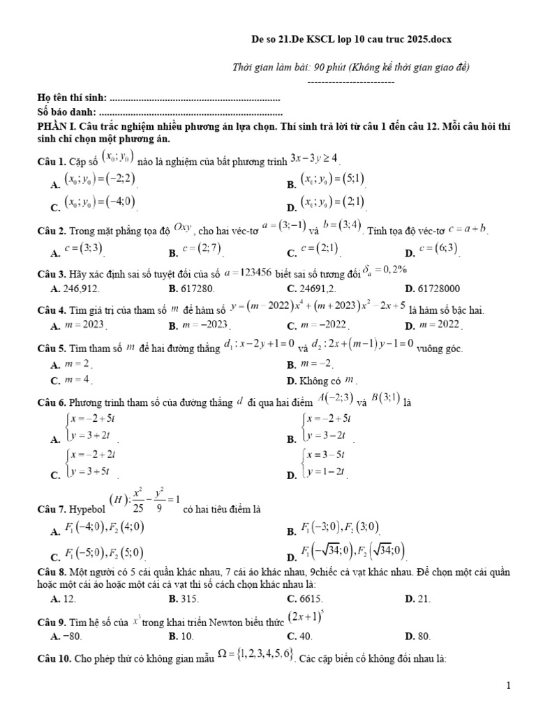 De So 21.de KSCL Lop 10 Cau Truc 2025.docx Fee104 25 03 2024 | PDF