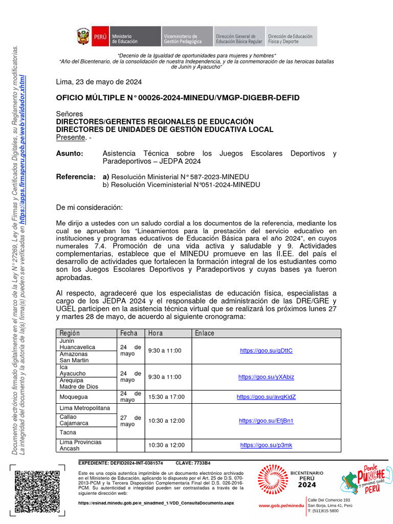 Oficio - Multiple 00026 2024 Minedu VMGP Digebr Defid (25768) | PDF