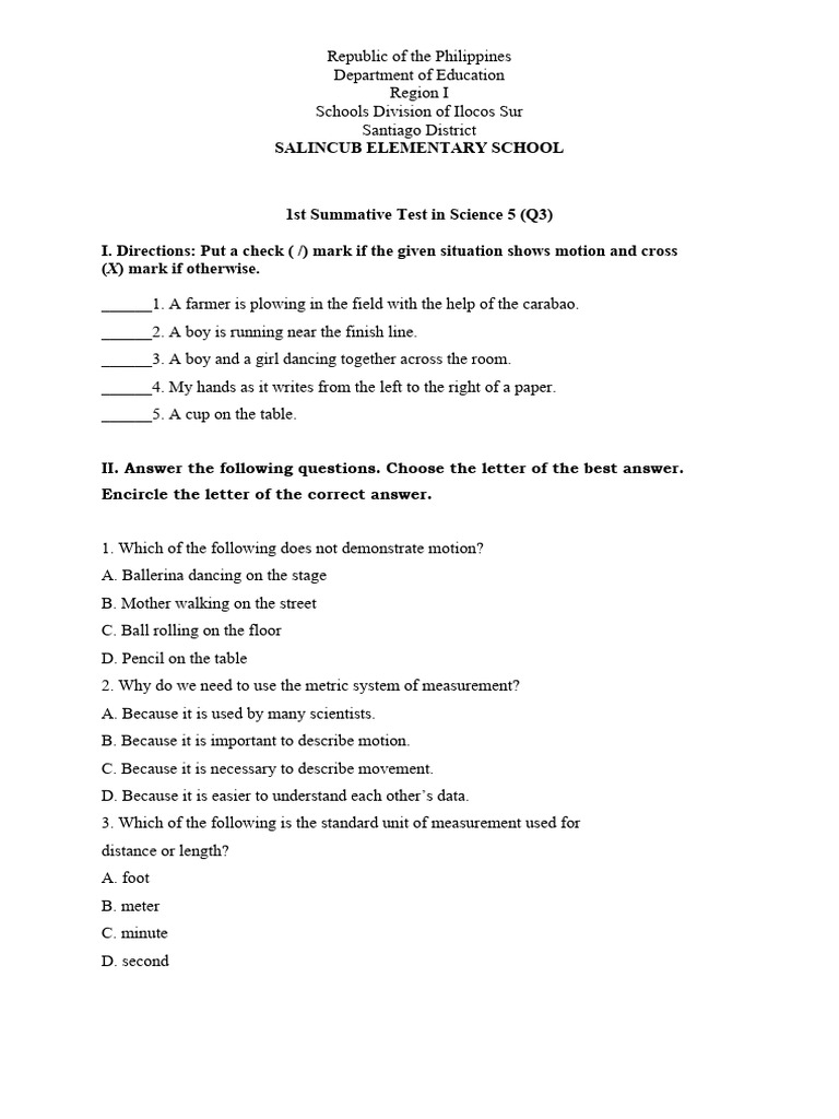 1st Summative Test Science Grade 5 | PDF | Measurement | Distance