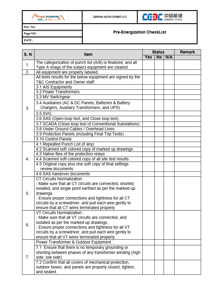 Pre-Energization Checklist for 200MW S/S | PDF | Transformer | Equipment