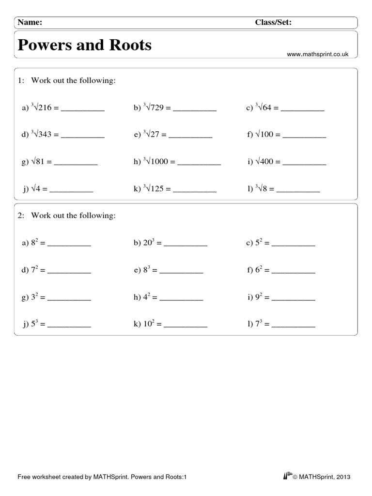 Powers and Roots Math Worksheet | PDF