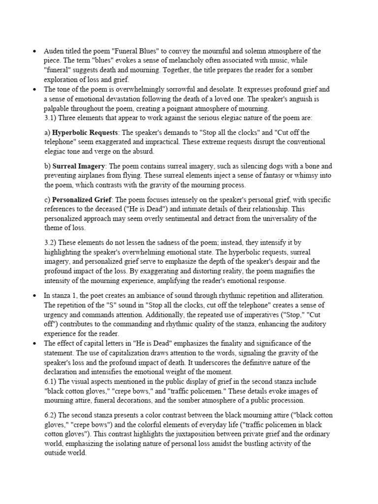 Funeral Blues Answers PDF Grief Poetry