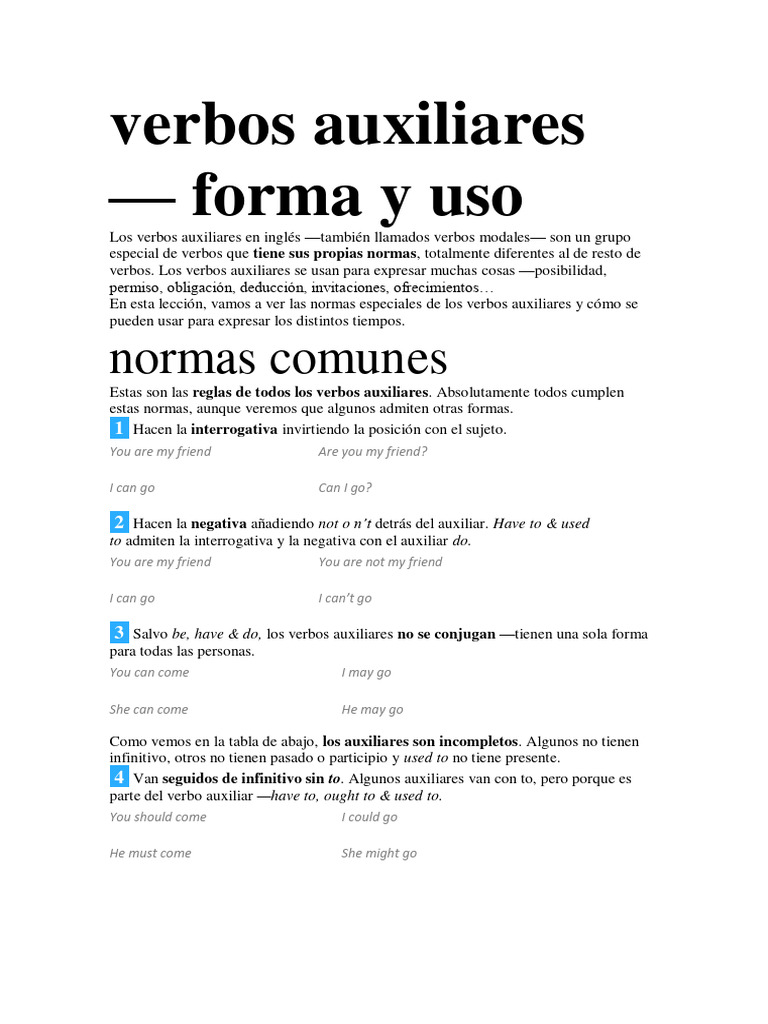Hoja De Trabajo De Verbos Auxiliares En Formato Pdf