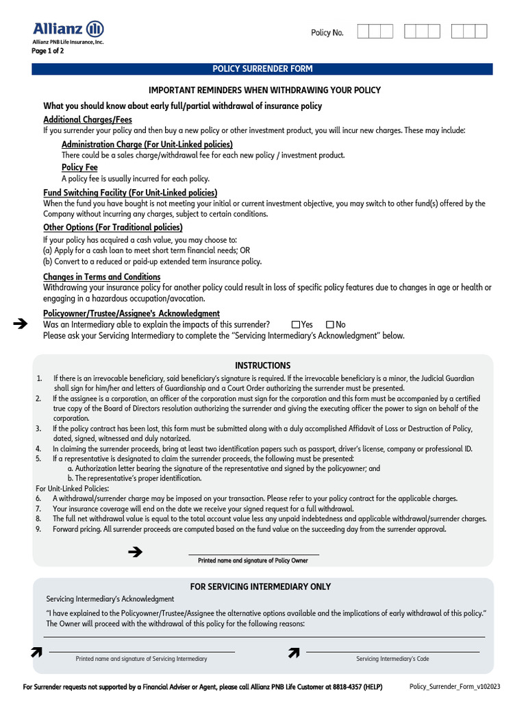 Policy Surrender Form Instructions | PDF | Insurance | Banks