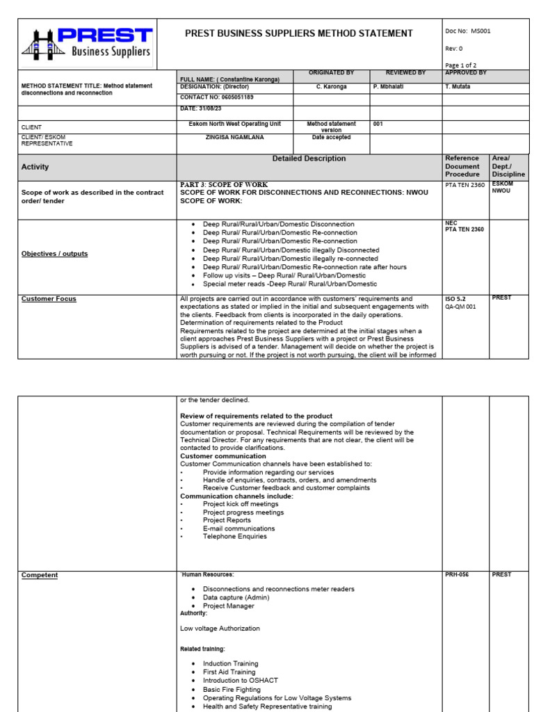 Method Statement Disconnections | PDF | Audit | Risk