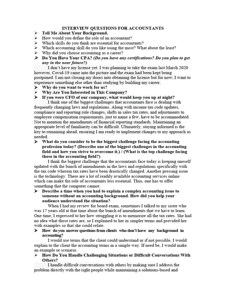 Essential Interview Questions for Accountants | PDF | Expense | Working ...