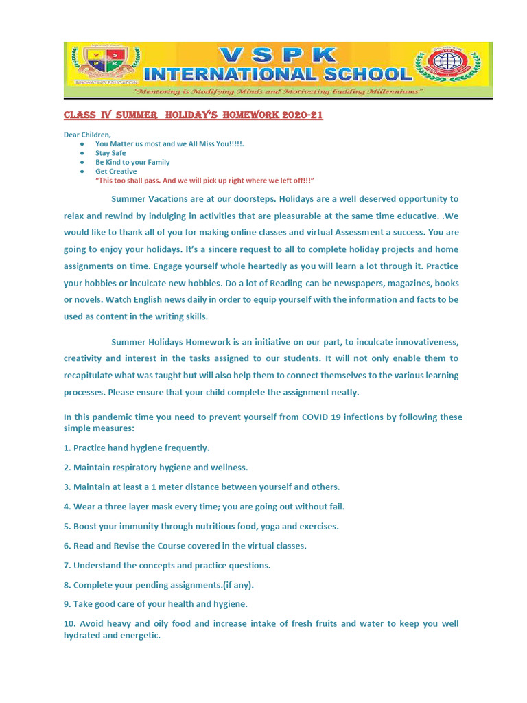 Class 4 Summer Holiday Homework 2020-21 | PDF | Foods | Paper