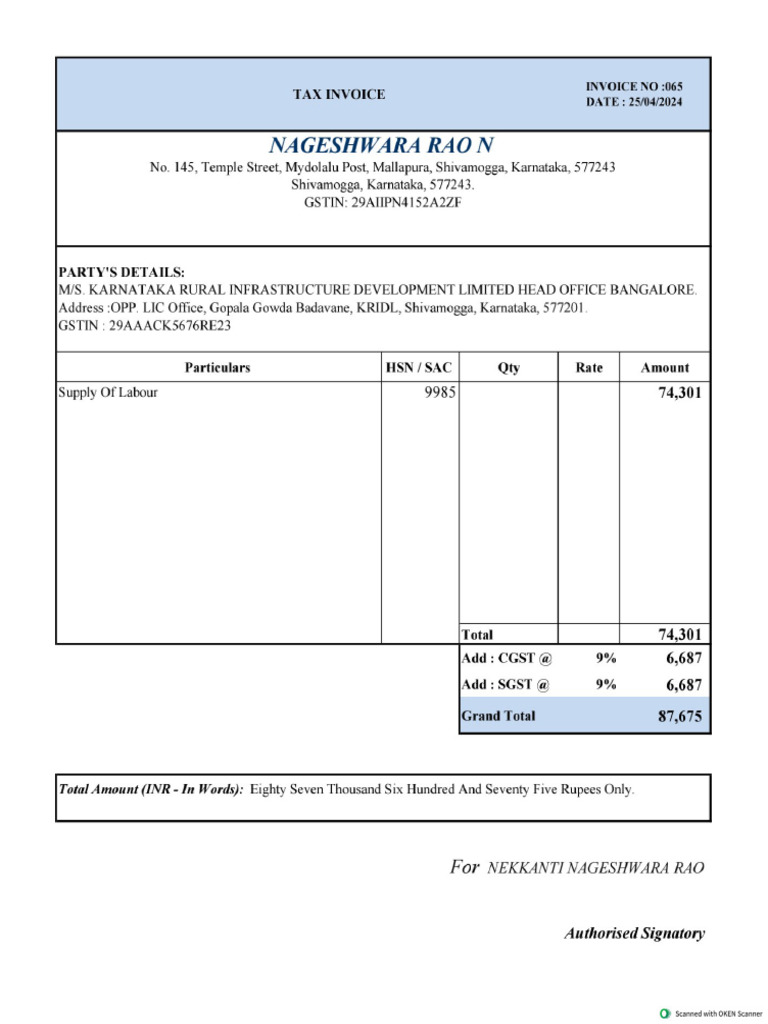 Invoice No-65-Nageshwara Rao | PDF