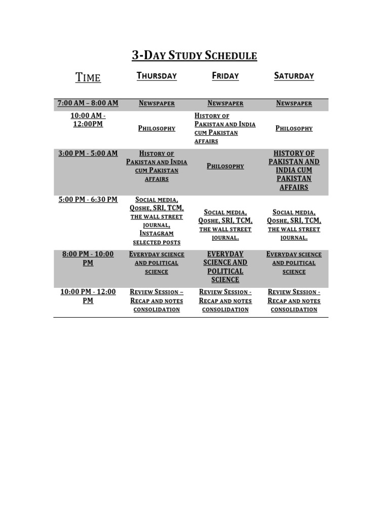 3 Day Study Schedule | PDF