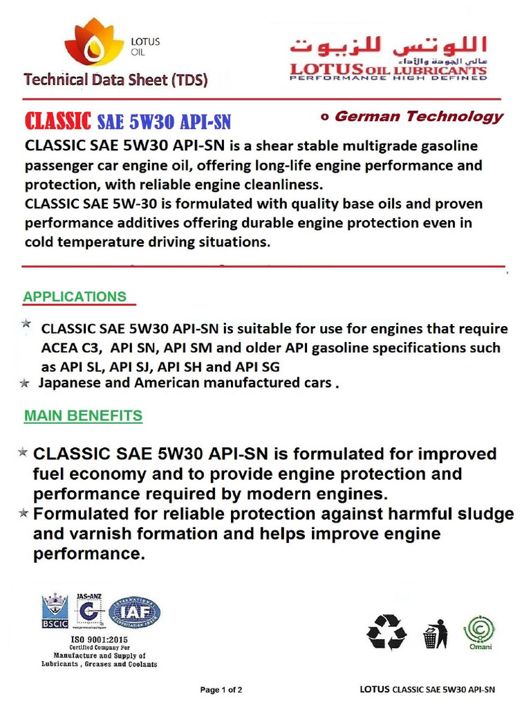 TDS Sae 5W30 Api-Sn | PDF