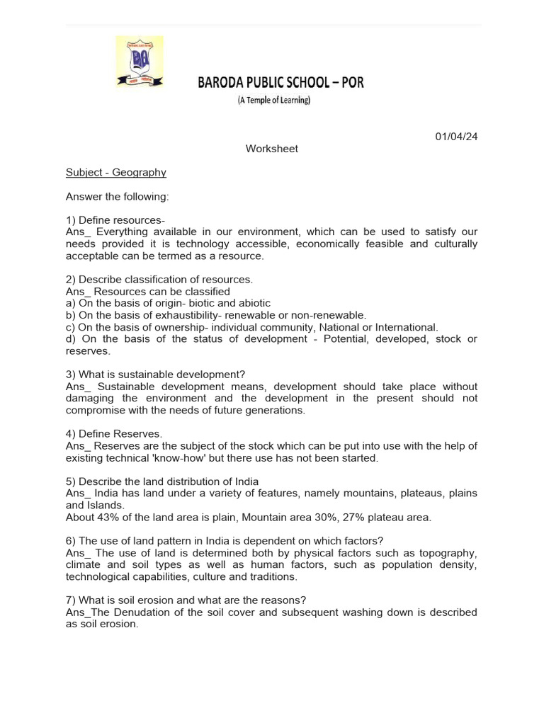 Imp Definition of Geography Class 10 | PDF | Soil | Resource