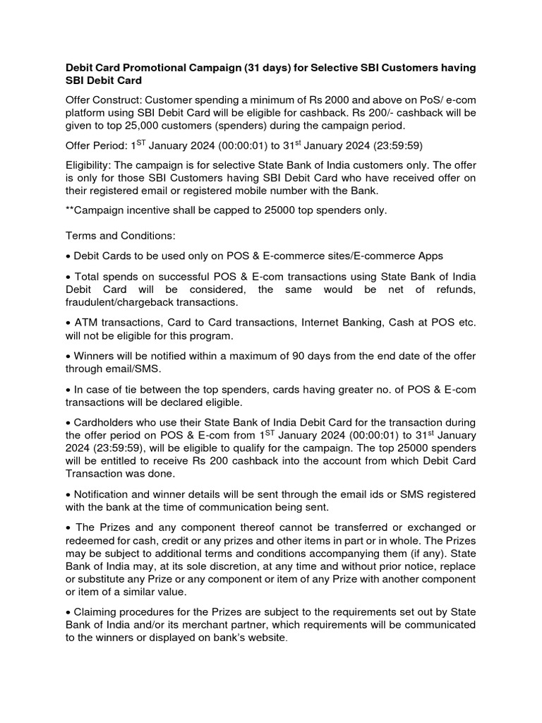 SBI Debit Card Cashback Campaign 2024 | PDF | Debit Card | Credit Card