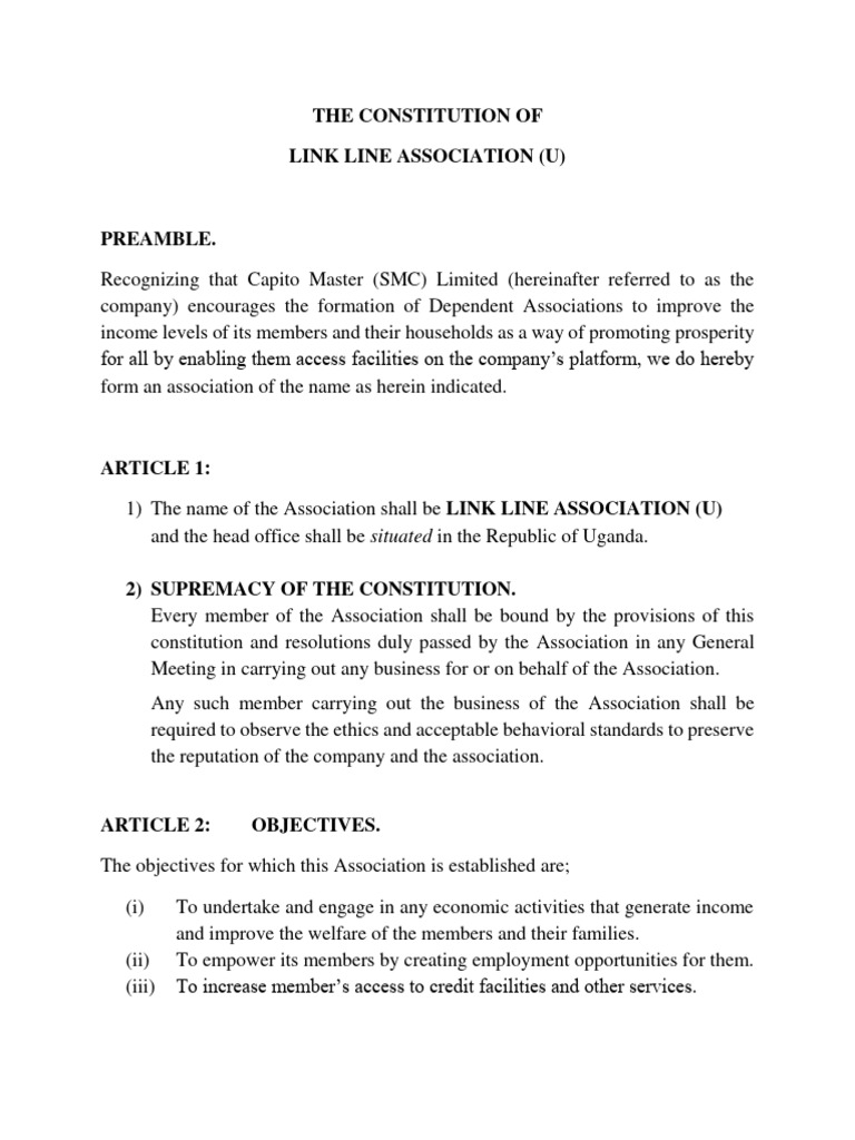 Constitution of Link Line Association (U) | PDF | Proxy Voting | Board ...
