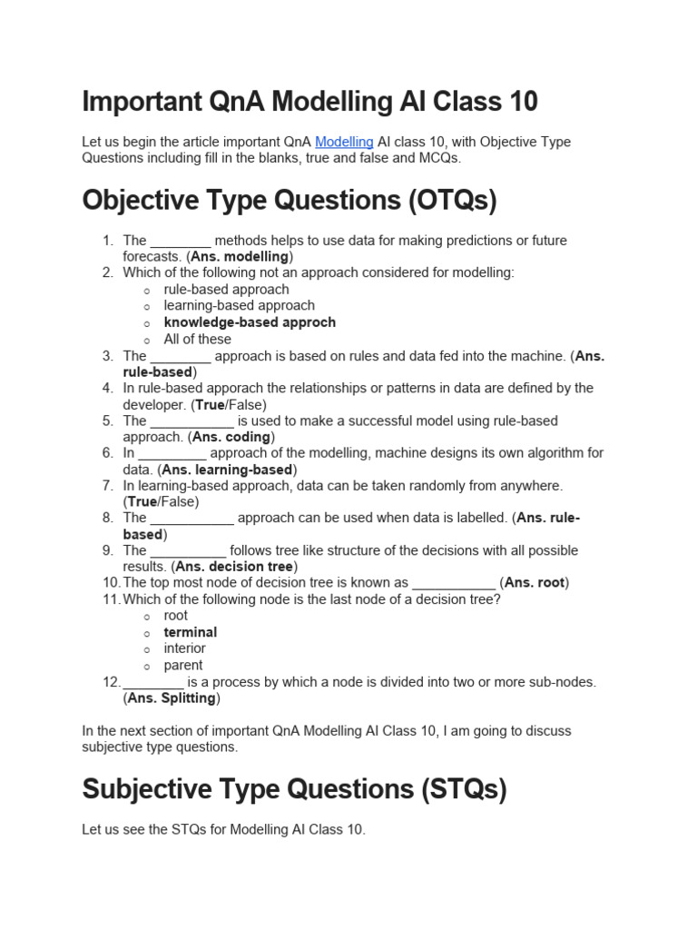 Important qna modelling ai class 10 pdf computer science
